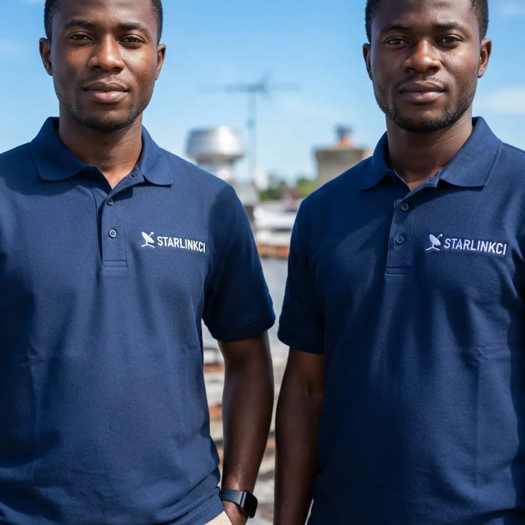 Équipe technique Starlinkci sur un toit à Abidjan