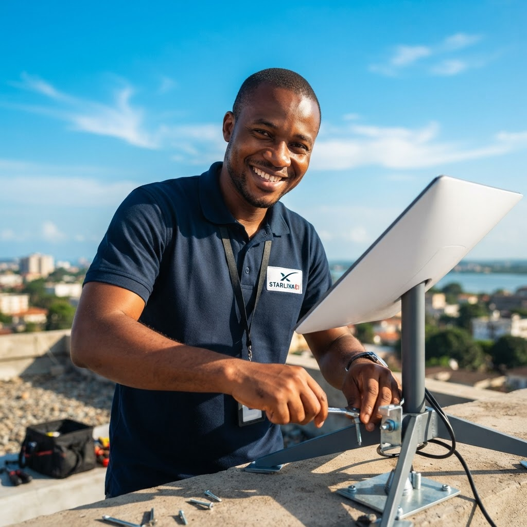 Technicien Starlinkci en gros plan, uniforme floqué du logo de l'entreprise, installant une antenne Starlink sur un toit à Abidjan