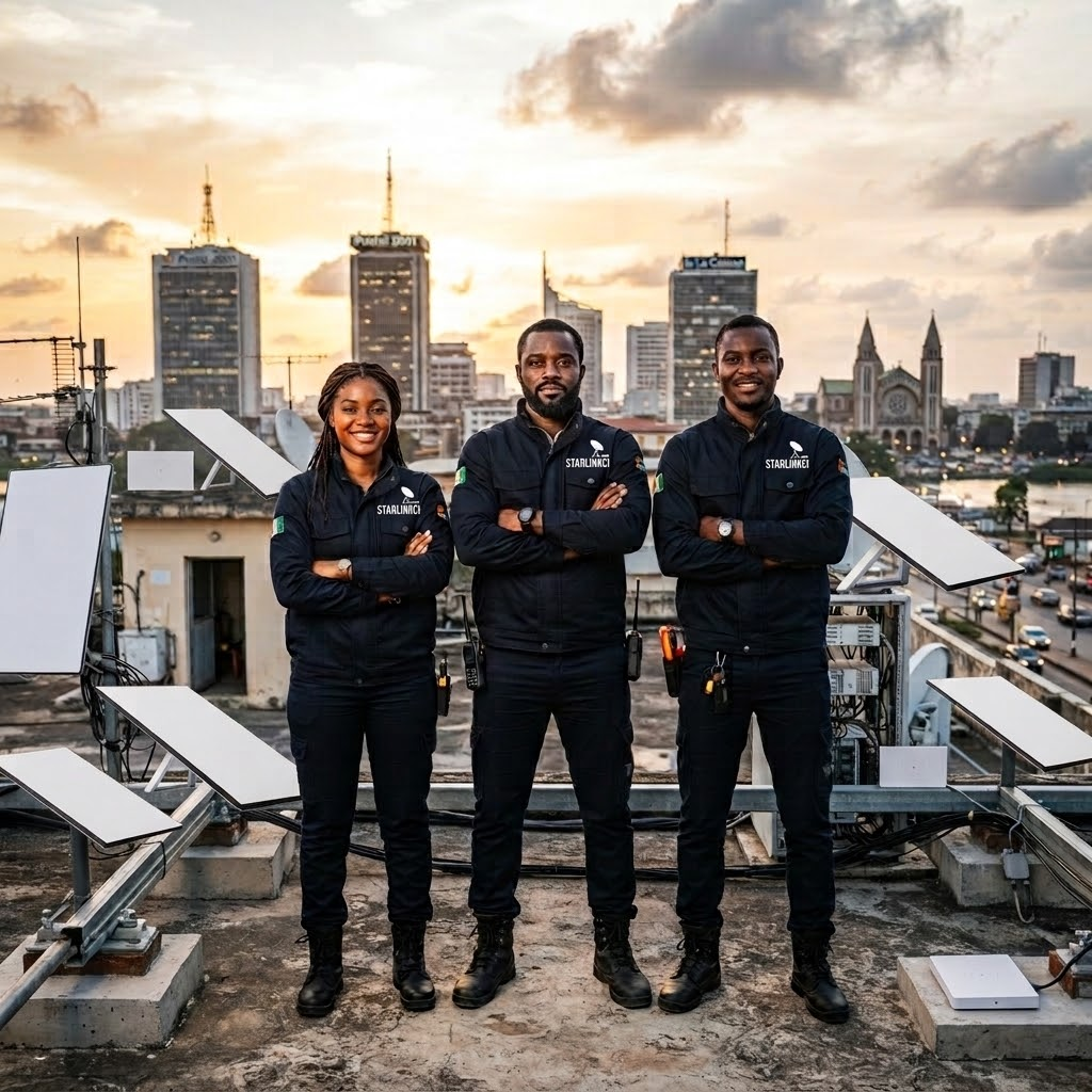 Équipe technique Starlinkci sur un toit à Abidjan