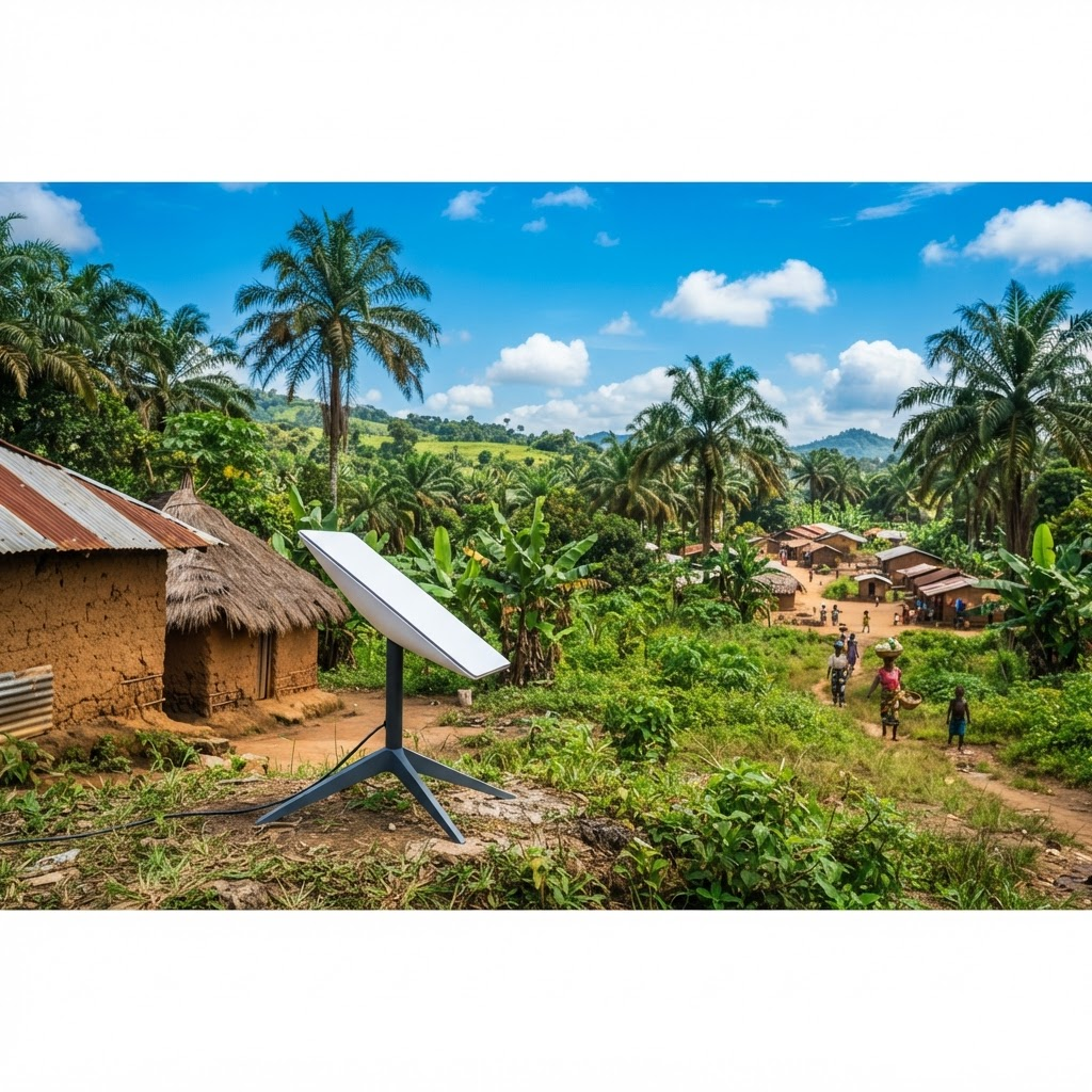 Antenne Starlink installée dans un paysage rural verdoyant en Côte d'Ivoire sous un ciel bleu