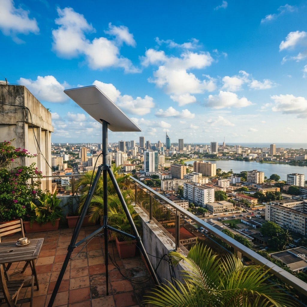 Antenne Starlink installée sur une terrasse à Abidjan sous un ciel bleu